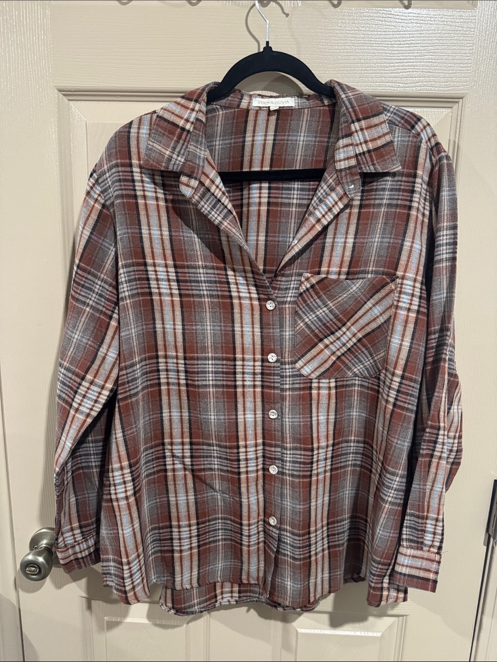 Eden & Olivia Plaid Button-Up Shirt - Brown, Gray, Cream
